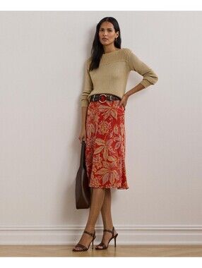 Lauren Ralph Lauren Floral Crinkle Georgette Midi Skirt - A-line skirt - red 14